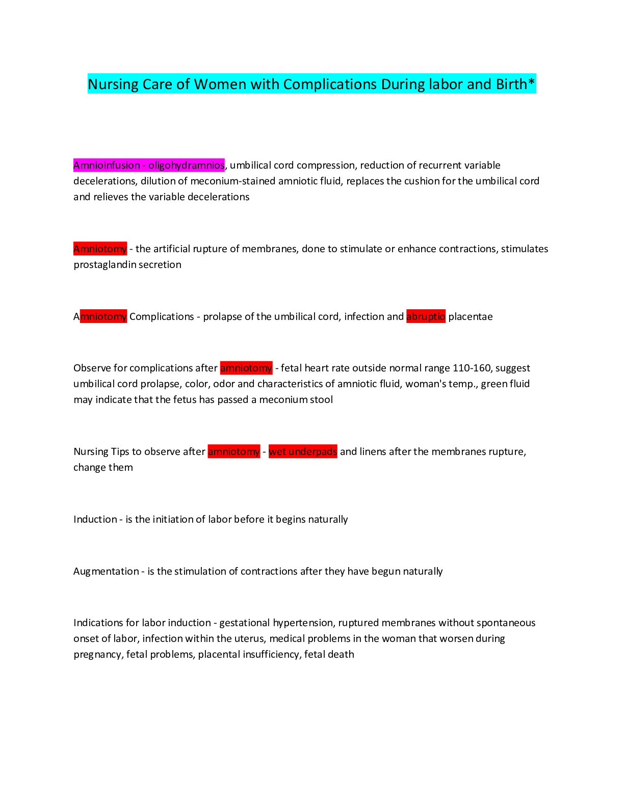 Preview image for Nursing Care of Women with Complications During labor and Birth*